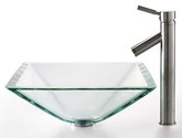 Clear Aquamarine Glass Vessel Sink and Sheven Faucet Satin Nickel