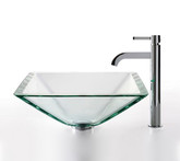 Clear Aquamarine Glass Vessel Sink and Ramus Faucet Chrome