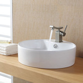White Round Ceramic Sink and Unicus Basin Faucet Brushed Nickel