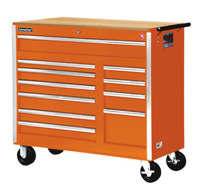 Orange Tool Cabinet with Wooden Work Surface - 42 Inch 11 Drawers