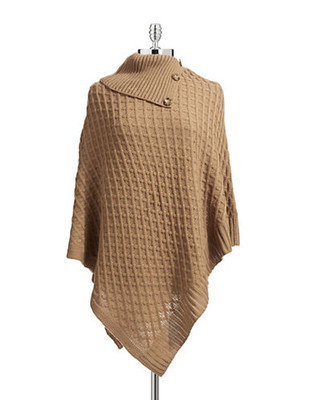 Lord & Taylor Basketweave Poncho with Buttons - Camel