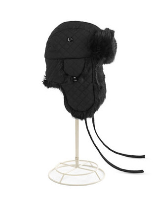 Crown Cap Diamond Quilted Aviator with Real Rabbit Fur Trim - Black
