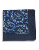 Black Brown 1826 Wool Paisley Pocket Square with Border - Blue