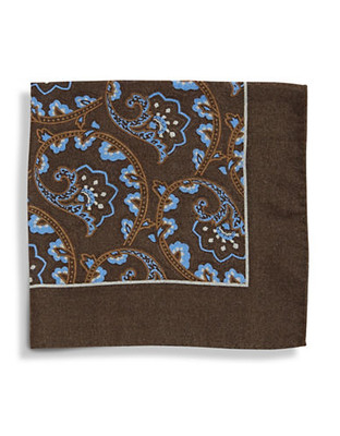 Black Brown 1826 Wool Paisley Pocket Square with Border - Copper