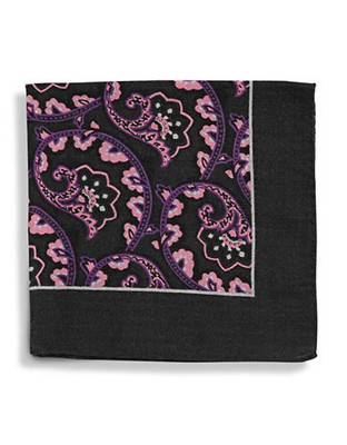 Black Brown 1826 Wool Paisley Pocket Square with Border - Purple