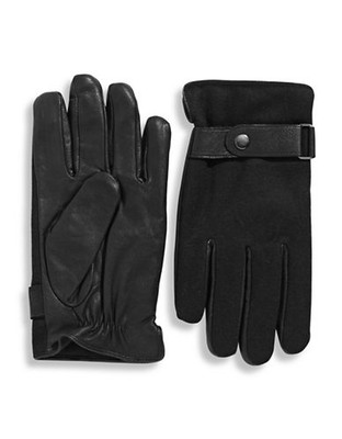 London Fog Wool and Leather Strap Gloves - Black - Small
