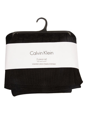 Calvin Klein Two Piece Cold Weather Set featuring Scarf & Cuffed Beanie with Calvin Klein Matte Logo Plate detail - Black