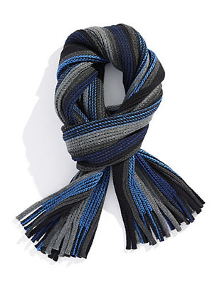 Black Brown 1826 Tonal Striped Knit Scarf with Fringe - Blue