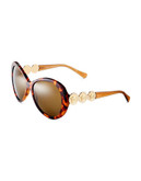 Versace Plastic Round Butterfly Sunglasses with Medallion Accents - Havana