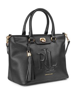 Lauren Ralph Lauren Victoria Monogrammed Leather Satchel - BLACK