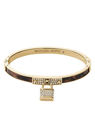 Michael Kors Gold Tone Tortoise Acetate Hinge Bangle With Padlock Charm - Gold