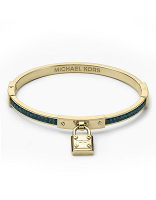 Michael Kors Gold Tone Montana Baguettes With Padlock Charm Hinge Bangle - Gold