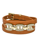 Michael Kors Gold Tone With Clear Pave Maritime Link With Luggage Leather Triple Wrap Bracleet - Gold