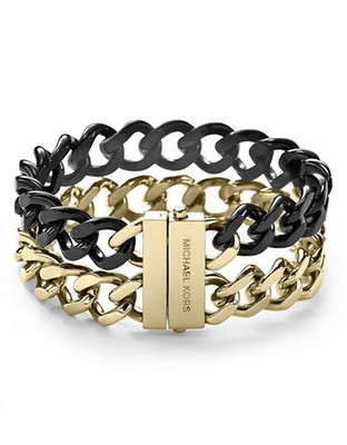 Michael Kors Two Tone Black And Gold Tone Curb Chain Bracelet - Gold