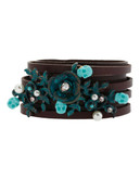 Betsey Johnson Leather Multi Row Patina Flower Bracelet - Brown