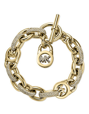 Michael Kors Gold Tone With Clear Pave Link MK Toggle Bracelet - Gold