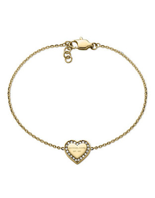 Michael Kors Gold Tone With Clear Pave Mk Logo Heart Delicate Bracelet - Gold