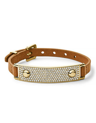 Michael Kors Gold Tone Clear Pave Plaque And Luggage Leather Single Wrap Bracelet - gold