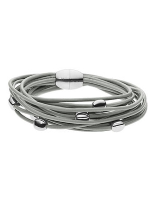 Skagen Denmark Sofie Leather Wrap Bracelet with Stainless Steel beads Silver Tone Wrap Bracelet - Silver
