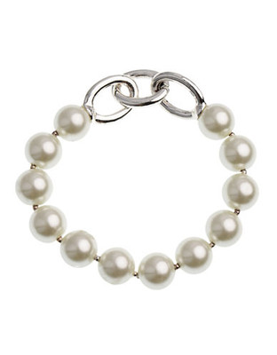 Anne Klein Imitation white pearl stretch bracelet with 3 oval silver tone metal links. - White Pearl