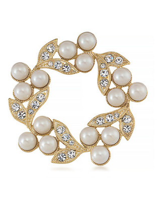 Carolee Adoring Pearl Wreath Pin Gold Tone Crystal  Brooch - Gold