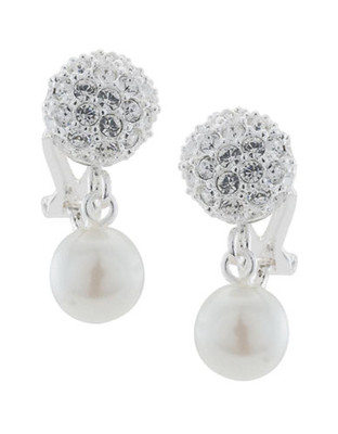 Carolee Crystal Fireball and Pearl Drop Clip On Earrings - White
