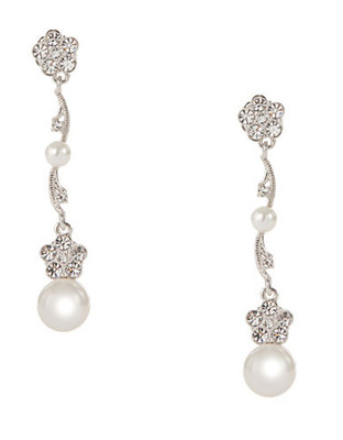 Nadri Pearl and Flower Linear Drop Earrings - Silver