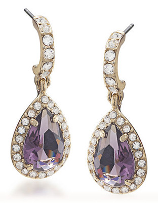 Carolee Simply Amethyst Teardrop Half Hoop Pierced Earrings Gold Tone Crystal Drop Earring - Purple