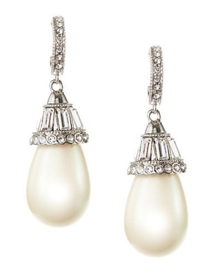 Carolee Faux Pearl Hoop Earrings - silver