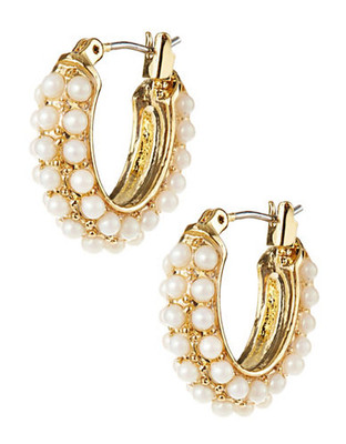 Carolee Pave Faux Pearl Hoop Earrings - White