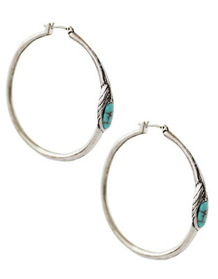 Lucky Brand Silver Tone Round Feather Hoop Earrings - Silver
