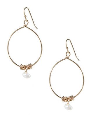 Expression Wire Hoop Earrings with Semi Precious Beads - Beige