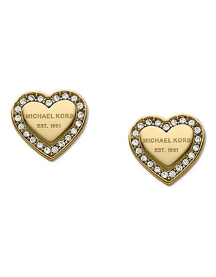 Michael Kors Gold Tone With Clear Pave Mk Logo Heart Post Earring - Gold