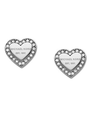 Michael Kors Silver Tone With Clear Pave Mk Logo Heart Post Earring - Silver