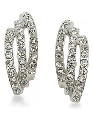 Carolee Rhea Silver Three Row Pierced Earrings Silver Tone Crystal Stud Earring - Silver