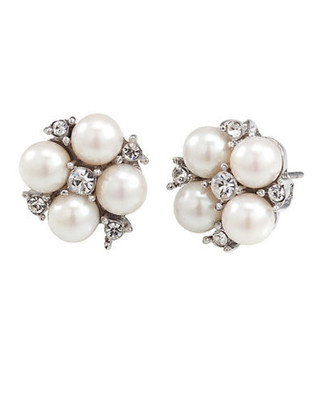 Carolee Floral Motif Pearl And Crystal Stud Pierced Earrings - White