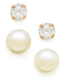 Fine Jewellery Girls Set of 14K Pearl and Cubic Zirconia Earrings - Pearl