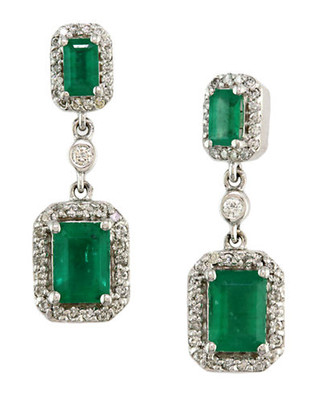 Effy 14K White Gold Diamond And Emerald Earrings - Green Emerald