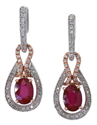 Effy 14k White and Rose Gold Diamond Lead and Glass Filled Ruby Earrings - Ruby