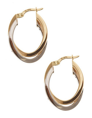Fine Jewellery 14Kt Yellow And White Gold Polished Oval Double Tube Hoops With Hinged Earwires And Snap In Closure - Yellow Gold