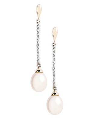 Fine Jewellery 10K Yellow And White Gold Diamond And Pearl Drop Earrings - Pearl