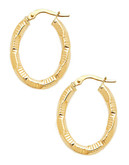 Fine Jewellery 14Kt Yellow Gold Italian Made 3x20x23mm Oval Shaped Patterned Hollow Tube Hoops - Gold