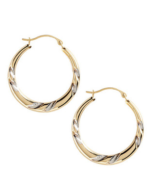 Fine Jewellery 14K Yellow And White Gold Etched Hoop Earrings - Two Tone colour