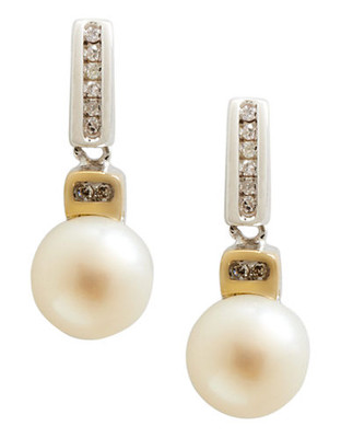 Fine Jewellery Sterling Silver 14K Yellow Gold Diamond And 7mm Pearl Drop Earrings - Pearl