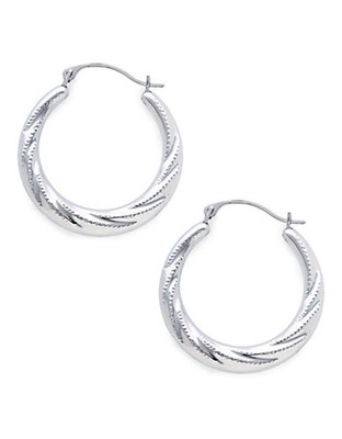 Fine Jewellery 14K White Gold Rhodium Plated 23mm Hollow Twist Hoops With Beaded Finish - White Gold