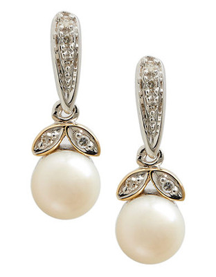 Fine Jewellery 14K Yellow Gold Diamond And 6mm Pearl Earrings - Pearl