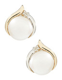 Fine Jewellery 14K Yellow Gold and Sterling Silver Pearl Diamond Earrings - Pearl