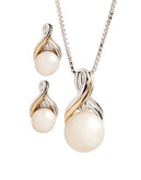 Fine Jewellery 14K Yellow Gold and Sterling Silver Diamond And Pearl Earring And Pendant Set - Pearl