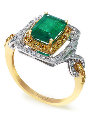 Effy 14k White and Yellow Gold Diamond Yellow Diamond Emerald Ring - Emerald - 7