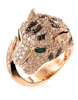 Effy 14K Rose Gold 2.7ct Black Diamond with 0.19ct Emerald Ring - Emerald - 7